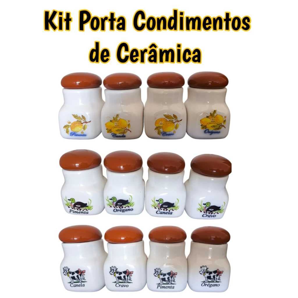 Kit 4 Potes de Condimentos Cerâmica Porta Tempero Especiarias para Cozinha Cravo Canela Orégano Pimenta