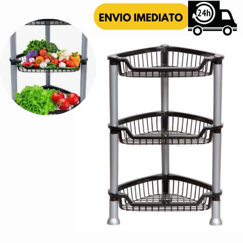 Cesto Organizador  Fruteira Multiuso Com 3 Andares Preto de Chão para Cozinha Vertical Para Canto