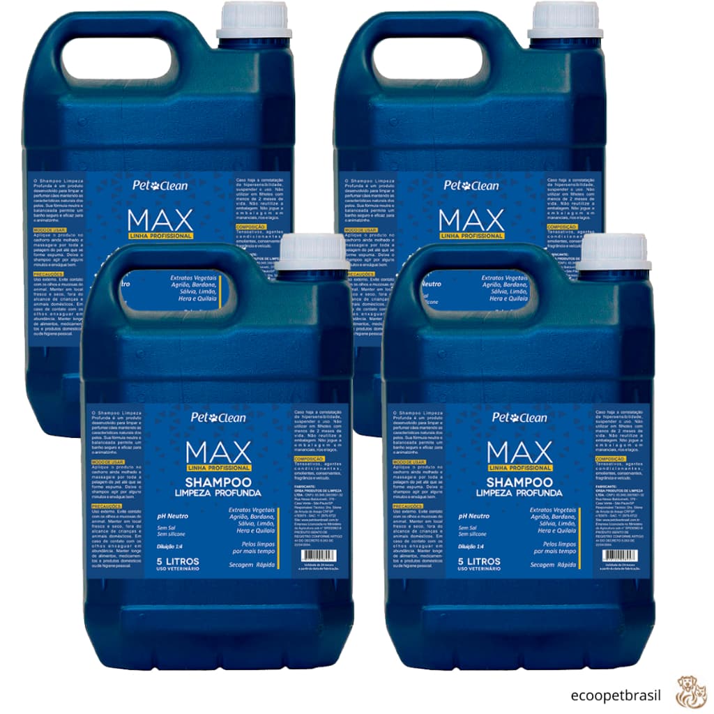 Shampoo Max Qualidade Profissional Limpeza Profunda 1:4 Pet Clean 5L para Cães, Banho e Tosa