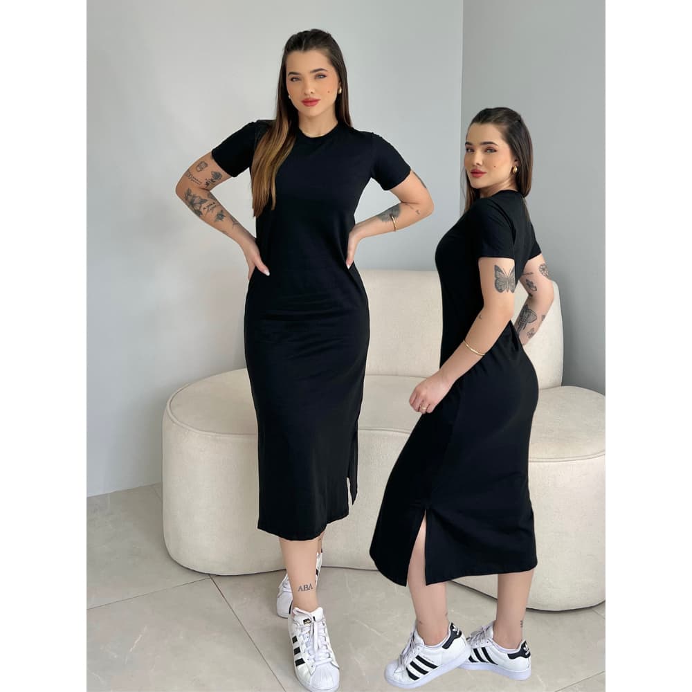 Vestido Feminino Midi Com Fenda Lateral Manga Curta Soltinho Confortável Casual Algodão