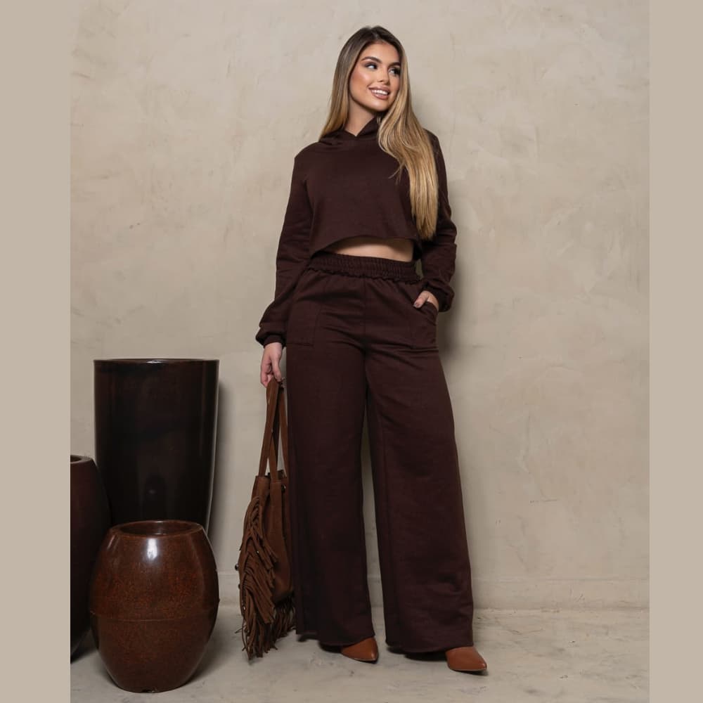 Conjunto de Moletom Blusa com Capuz e Calça com Bolso Flanelado Premium Oversized