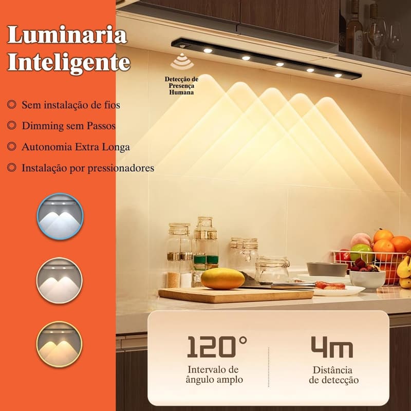 Luminária Inteligente LED Ultra Fino (20/40/60 cm) Com Sensor de Movimento Sem Fio e Recarga via USB