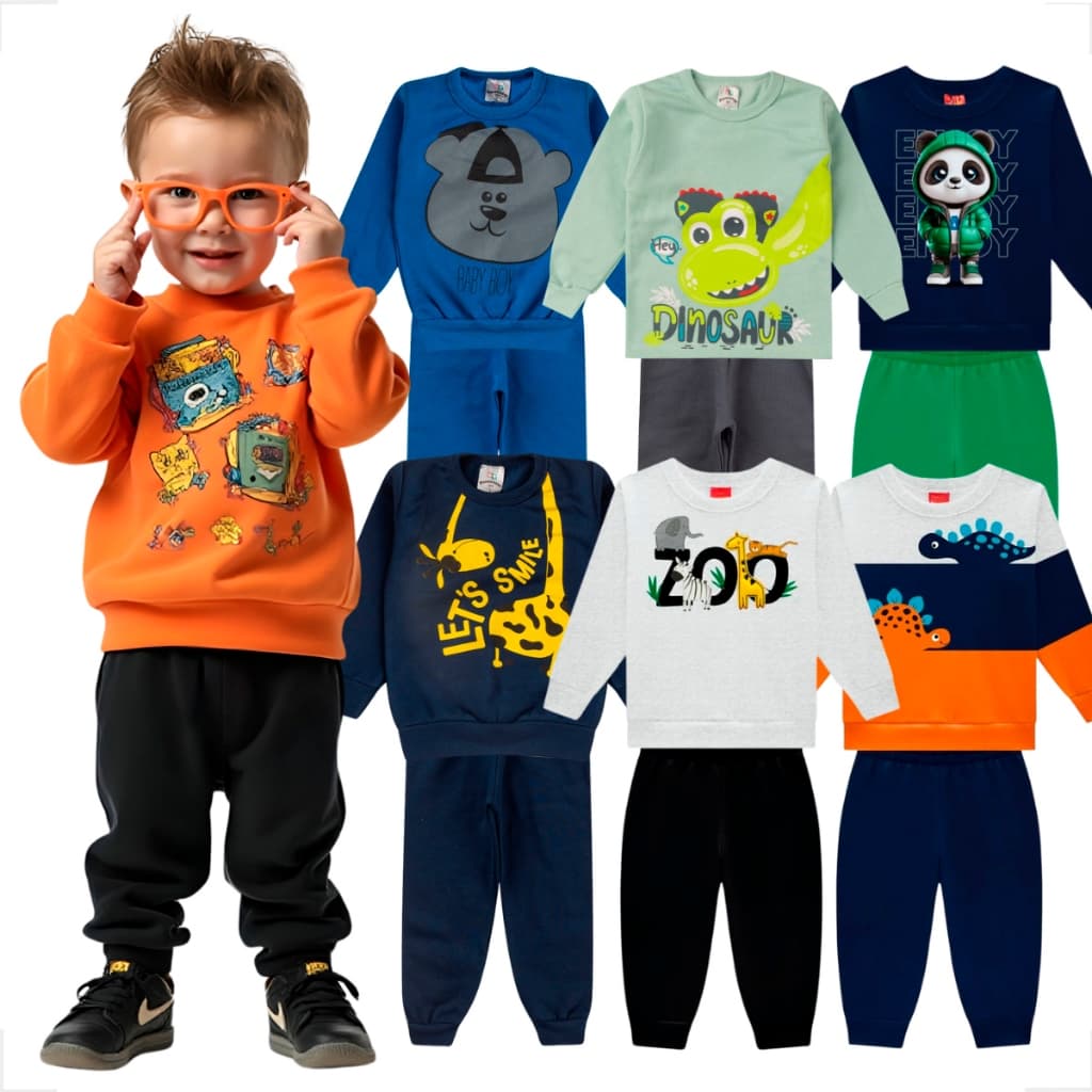 Kit Variado 6 Peças de Roupas Masculino Infantil Inverno – 3 blusas casacos + 3 calças de 1 ao 8 Menino bebe