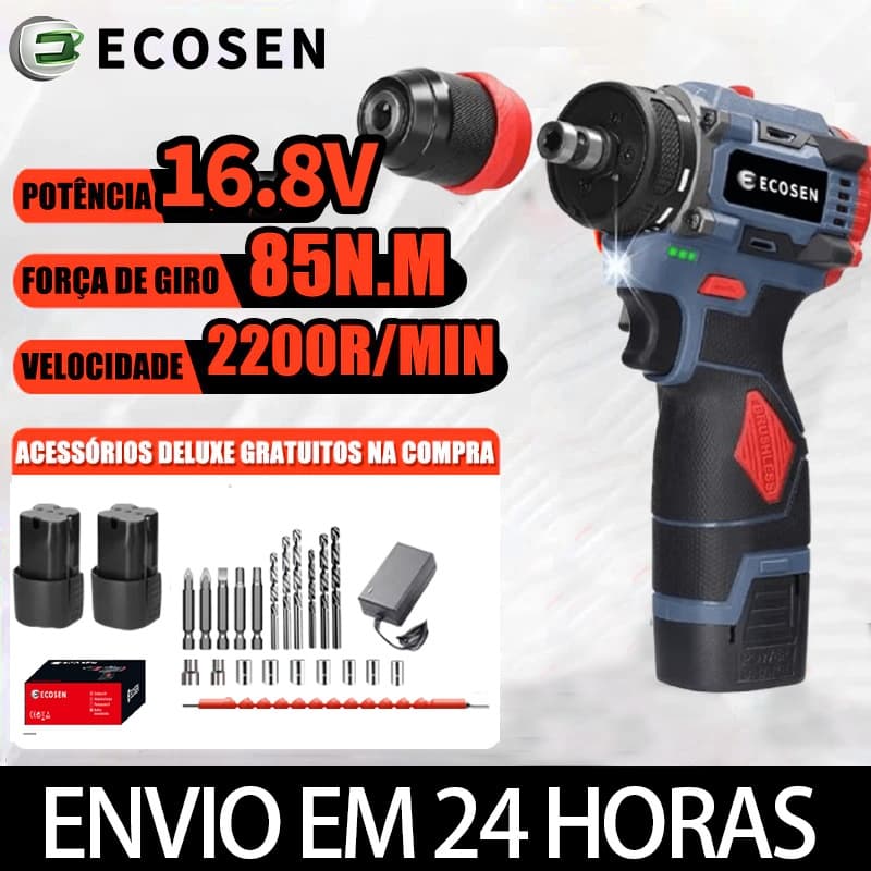 Parafusadeira elétrica com furadeira de lítio 2 em 1 de 16,8 V e torque de 85 Nm com motor sem escova ecosen
