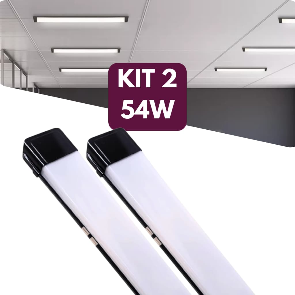 Kit 2 Luminária Tubular Led Slim 54w Preto 120cm 6500k Branco Frio Embuled Bivolt 110v/220v