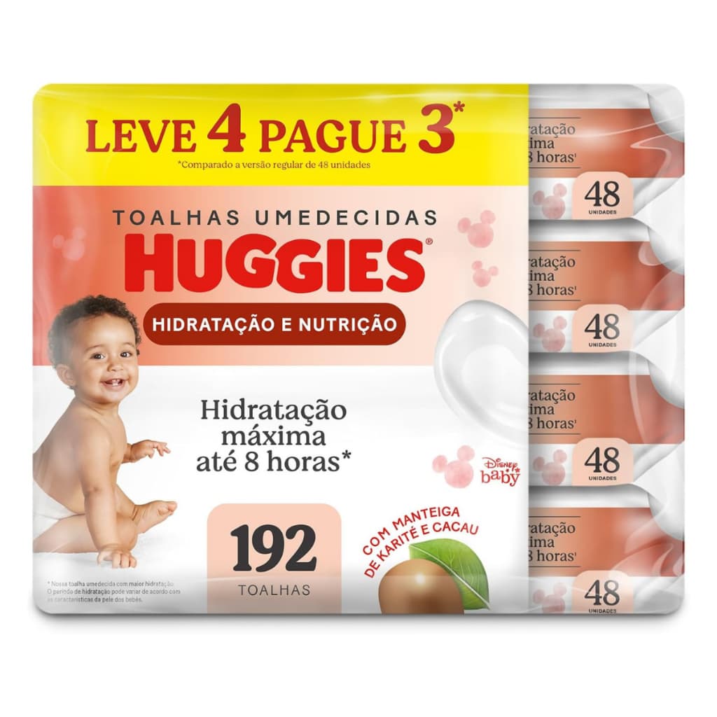 Lenço Umedecido Infantil Huggies Hidratação E Nutrição Leve 4 Pague 3 Pacotes Com 48 Unidades
