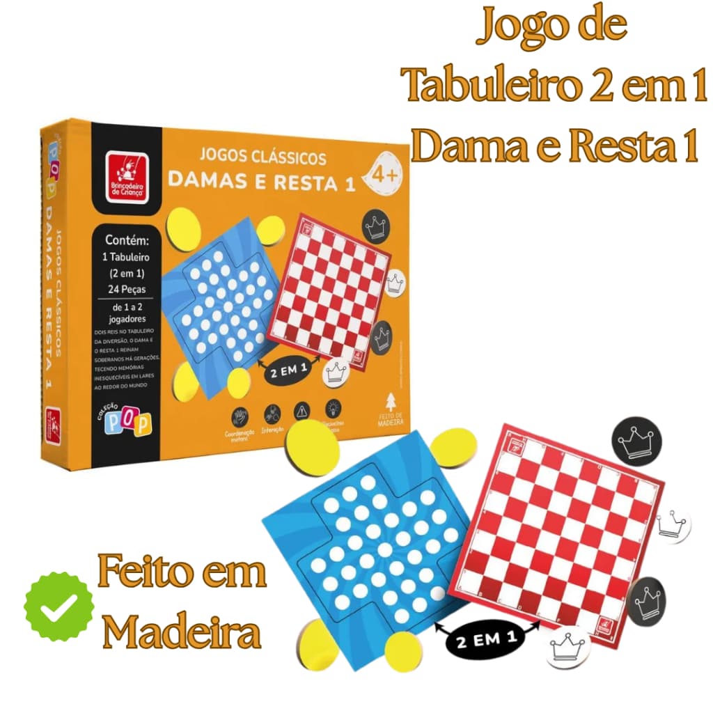 Jogo Tabuleiro Dama e Resta 1 Jogos Clássicos para a Família