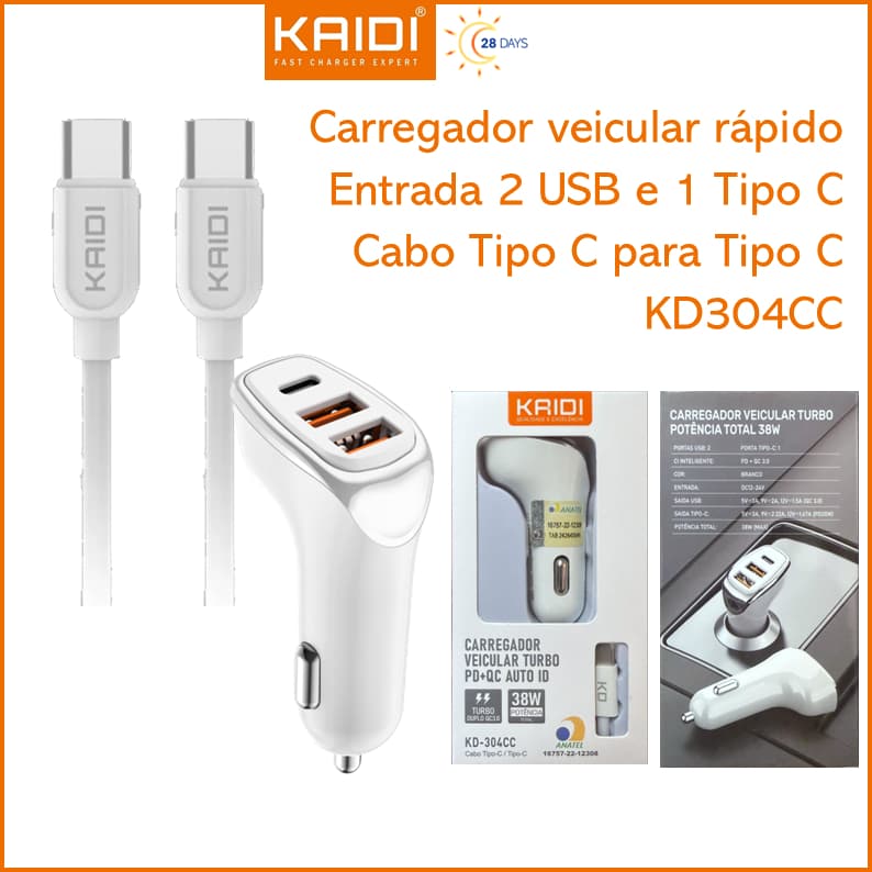 Carregador Veicular Turbo Fonte com 3 Saídas com Cabo Tipo C para Tipo C 1m Kaidi KD-304CC
