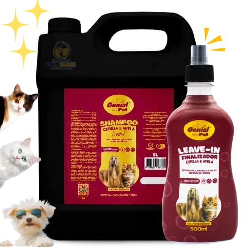 Shampoo 5 em 1 + Leave-in Cereja e Avelã para Cães e Gatos Banho e Tosa Genial Pet