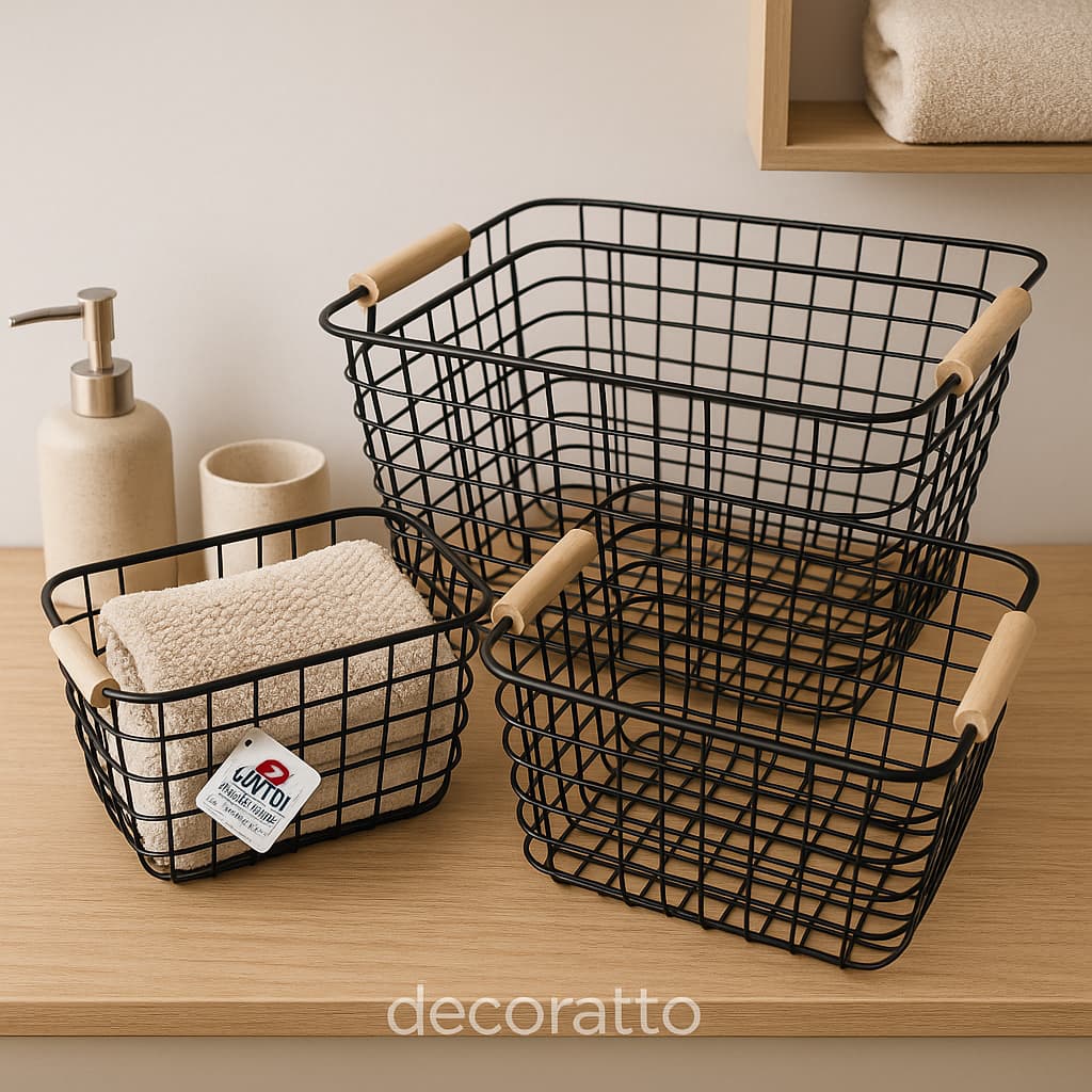 Cesto Organizador Decorativo Multiuso Metal Alça de Madeira - Banheiro, Quarto, Escritório, Cozinha