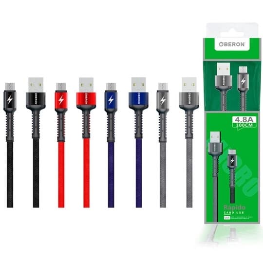 Cabo Carregador de Celular Rápido USB x Micro USB V8 1m 4.8A para Celular OBERON