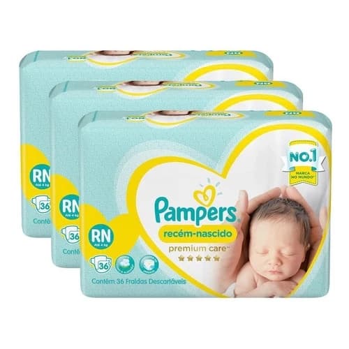 KIT C/3 FRALDAS PAMPERS PREMIUM CARE RN 4 KG 36UN CADA