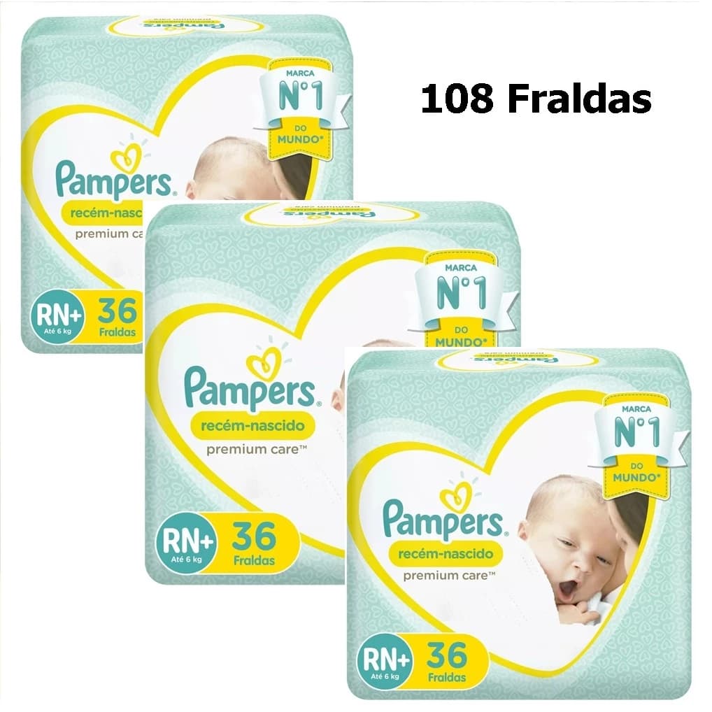 Kit / 3 Fraldas  Descartáveis pampers Para Recém-nascidos Premium Care Rn+ 6Kg Com 36 Unidades cada