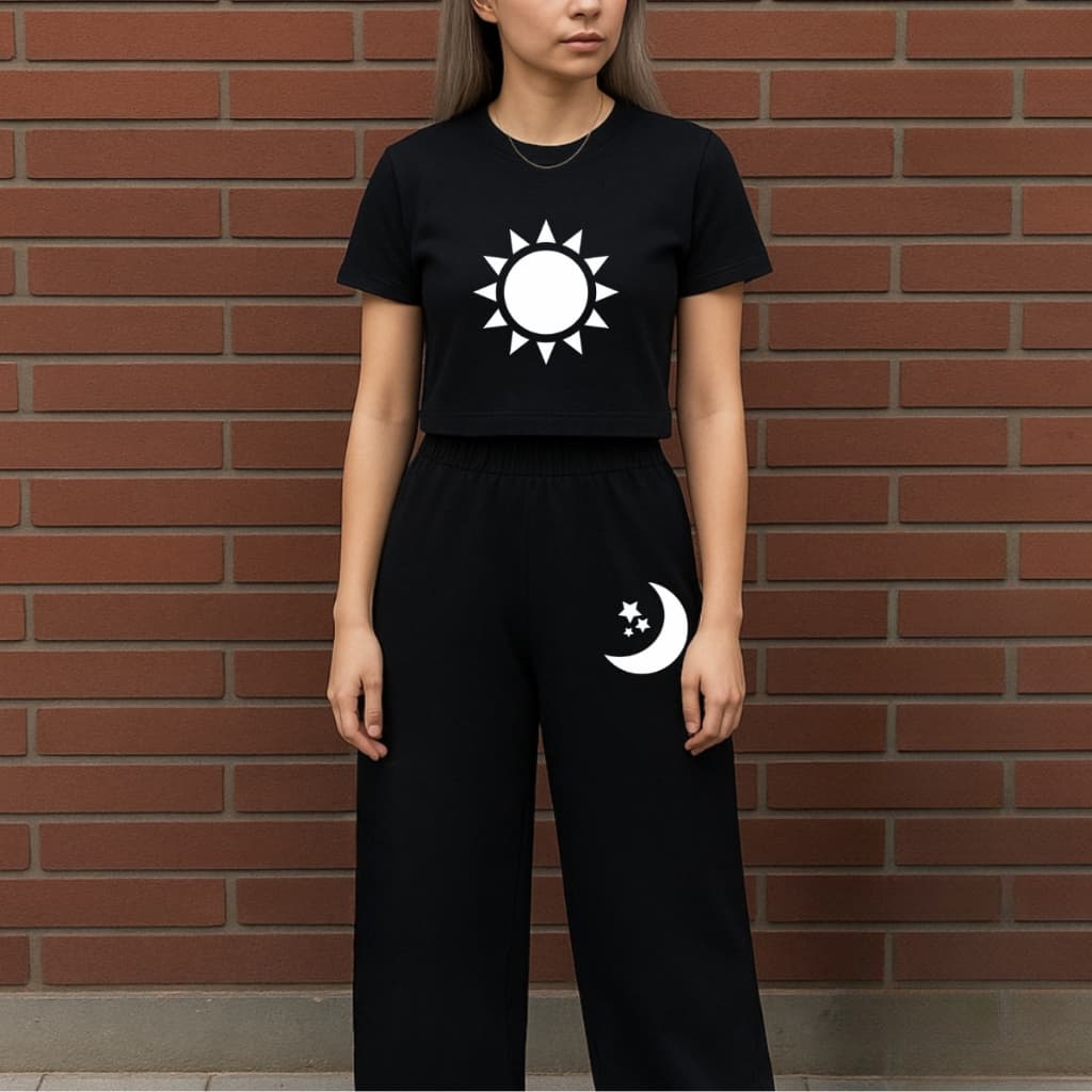 Conjunto Feminino Cropped Calça Larga Moletom Sol Lua Algodão Confortavel Estampada Tendencia