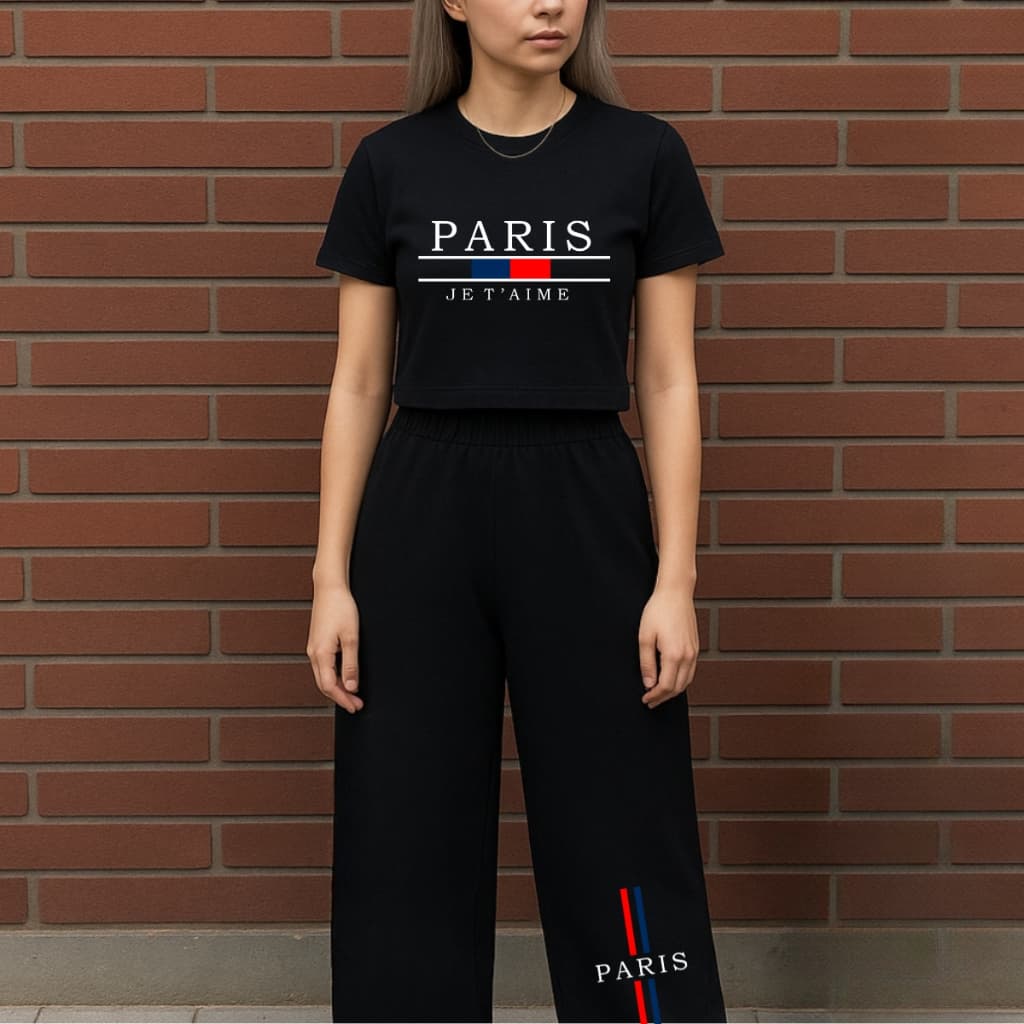 Conjunto Feminino Moda Gringa Paris Casual Cropped Calça Wide Leg Moletom Confortavel