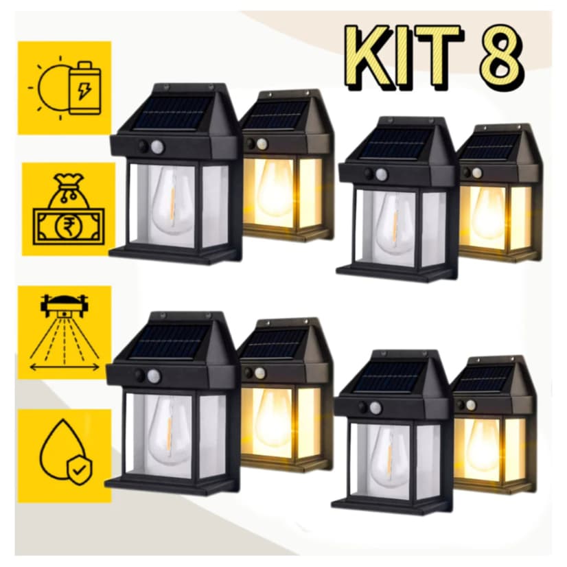 Kit 8 Luminária Arandela Vintage Placa Solar Lâmpada Externa Moderna Decoração Sensor De Movimento