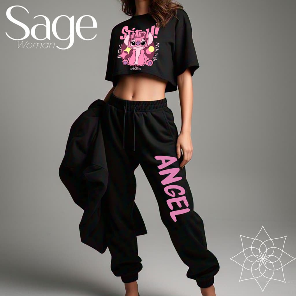 Conjunto Feminino Lilo Stitch E Angel Cropped Oversized E Calça Moletom Flanelada Todas Ocasioes Moderno