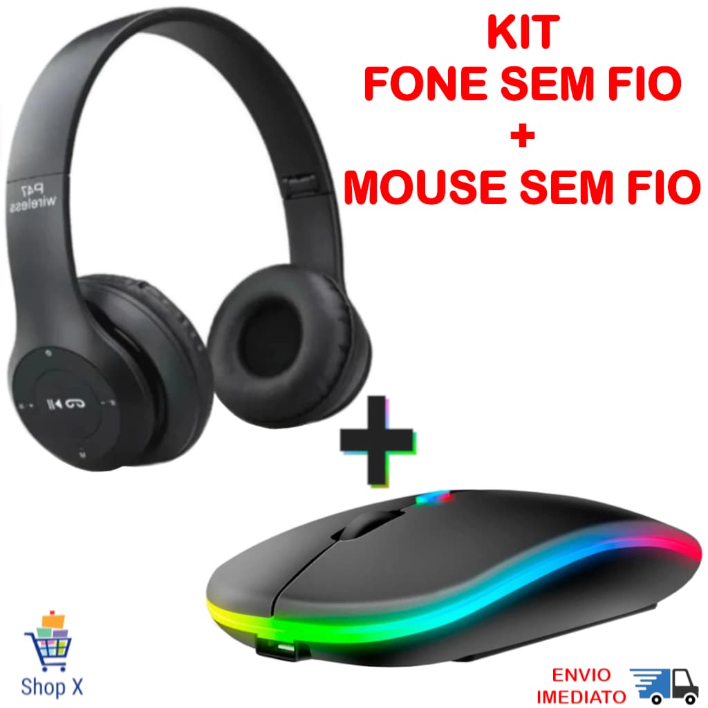 Kit Mouse Sem Fio Recarregável mais Fone P47 Headphone Sem Fio Estéreo Bluetooth 5.0 Universal