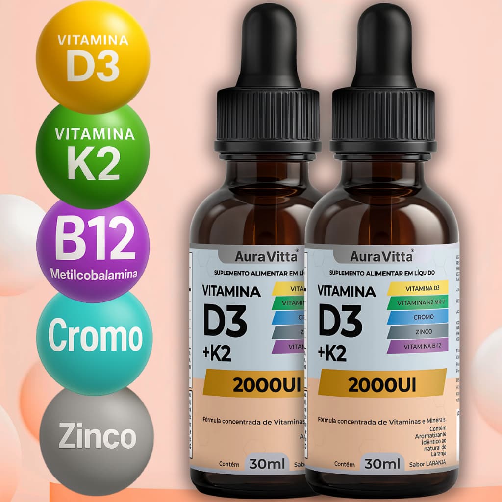 Vitamina D3 + K2 MK7 Concentrada  60ml AuraVitta - Saúde Óssea e Imunidade - VItamina D Original