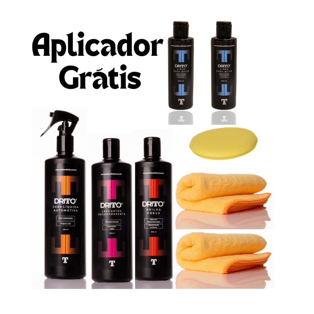 Kit Limpeza Carro Premium Dritto 8 Peças com Pretinho Brilha Pneus, Cera, Lava Autos + Aplicador