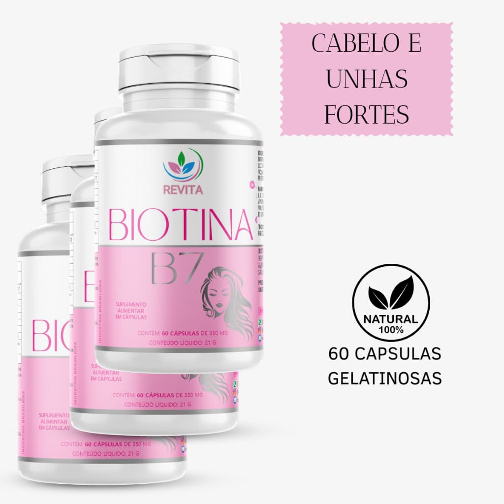 kit 3 Biotina B7 60 Cápsulas Gelatinosas crescimento Cabelos Unhas Pele Fortes Vitaminas