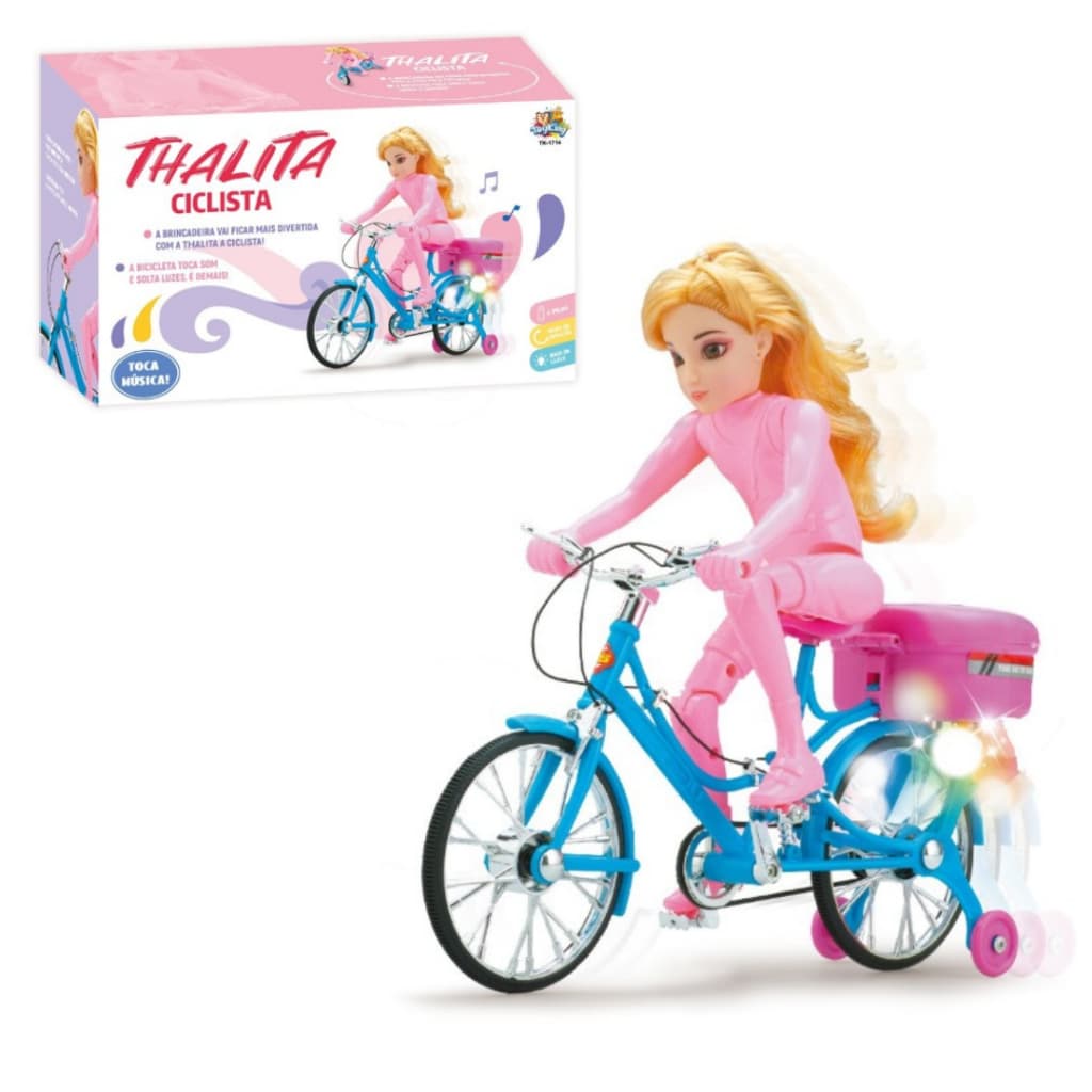 Boneca Ciclista Musical Pedala Articulada Luz e Sons Brinquedo Infantil