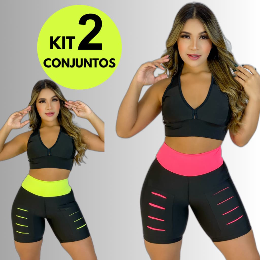 KIT 2 BERMUDA + 2 TOP ROUPA ACADEMIA AFINA CINTURA ALTA SHORT CURTO FITNESS FEMININO