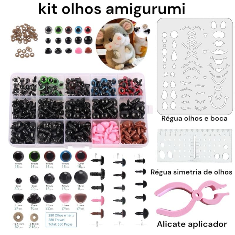 Kit 560 Pcs Olho Focinho Pelúcia Amigurumi, alicate aplicador, régua olhos e simetria crochê costura Patchwork papelaria