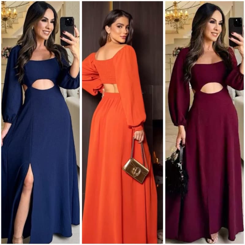 vestido elegante para ocasiones especialés, vestido longo manga comprida com fenda ideal para ressaltar seu silhueta