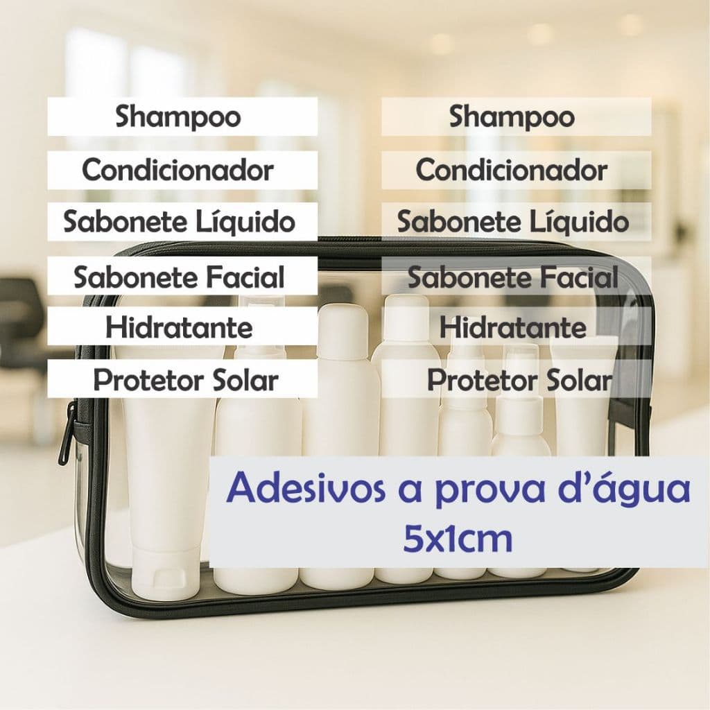 Etiquetas Adesivo Organização Kit frascos Necessaire A prova d'água 5x1cm  viagem  Shampoo Condicionador e outros