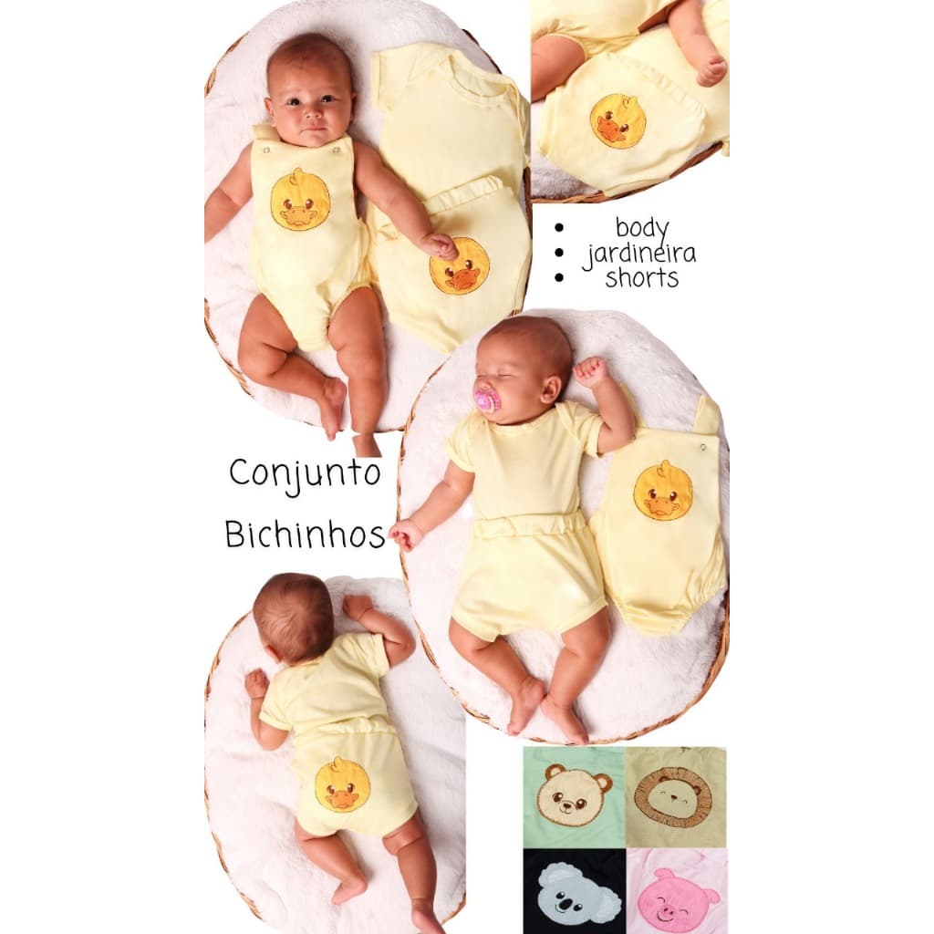 Conjunto Para Bebê de Bichinhos 3 Peças Body Menino e Menina Bordado Roupas de Bebê