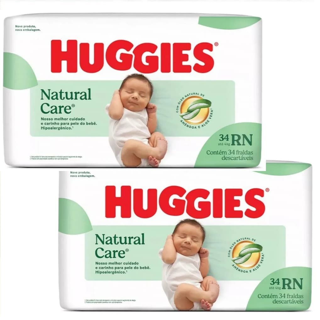 2 Pacotes(68 fraldas) Huggies Natural Care Recém-Nascido RN(até 4Kg)