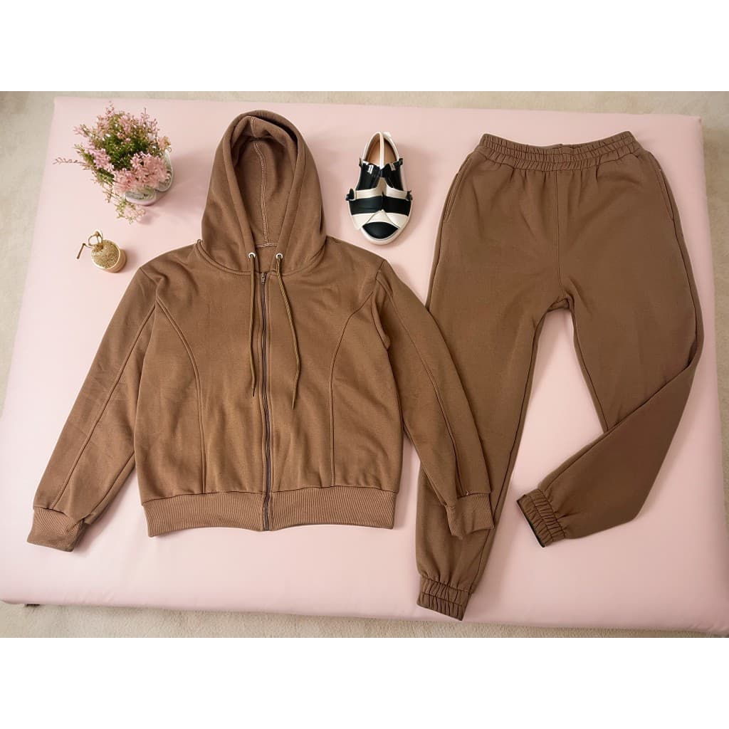 Conjunto Blusa Moletom  Canguru Capuz Feminino com Zíper  e Calça Moletom Feminino de Frio Flanelado