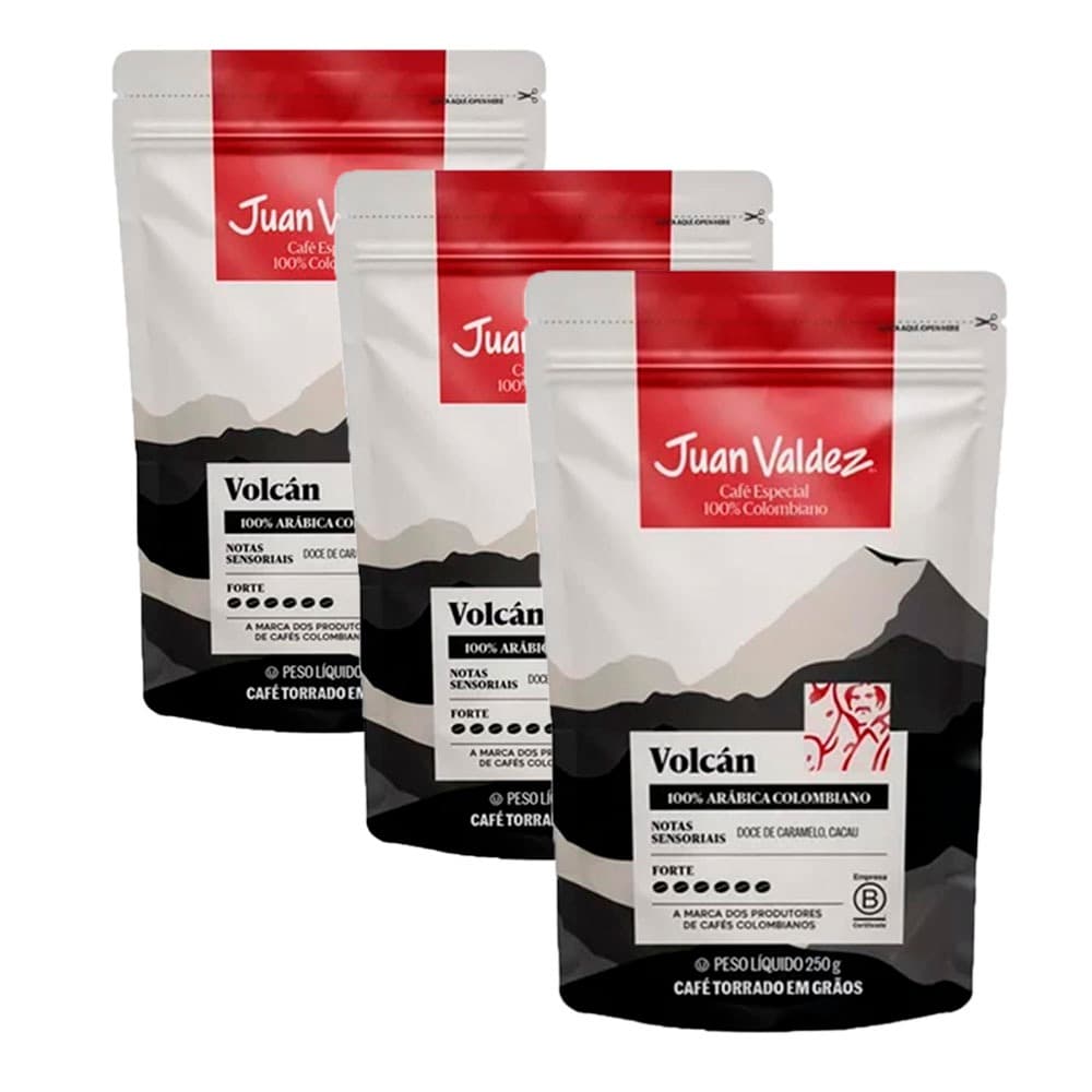 Café em Grãos Colombiano Juan Valdez Volcán Kit 3 Pacote de 250g Café Arábica Colômbia Blend Premium