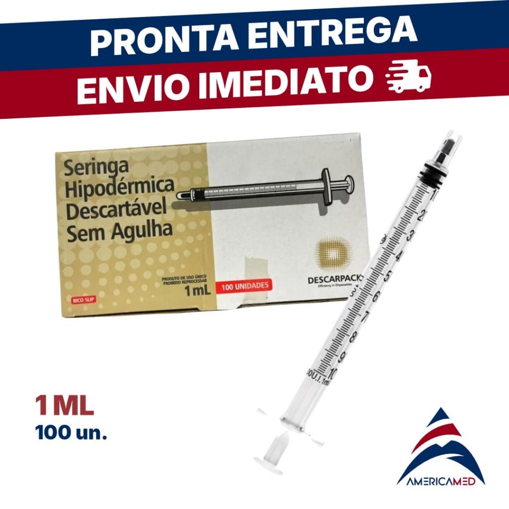 Seringa 1mL Sem Agulha Bico Slip – Caixa com 100 Unidades | Descarpack
