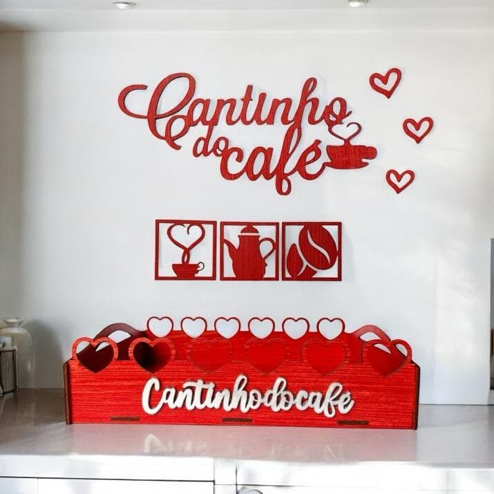 Kit Bandeja Coração Cantinho do Café + Apliques de Parede Grãos e Corações em MDF Cores
