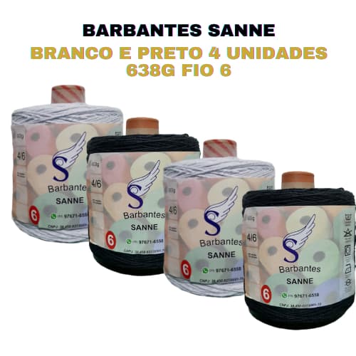 4 BARBANTES SANNE 638g  / PRETO OU BRANCO / PARA CROCHÊ FIO 6