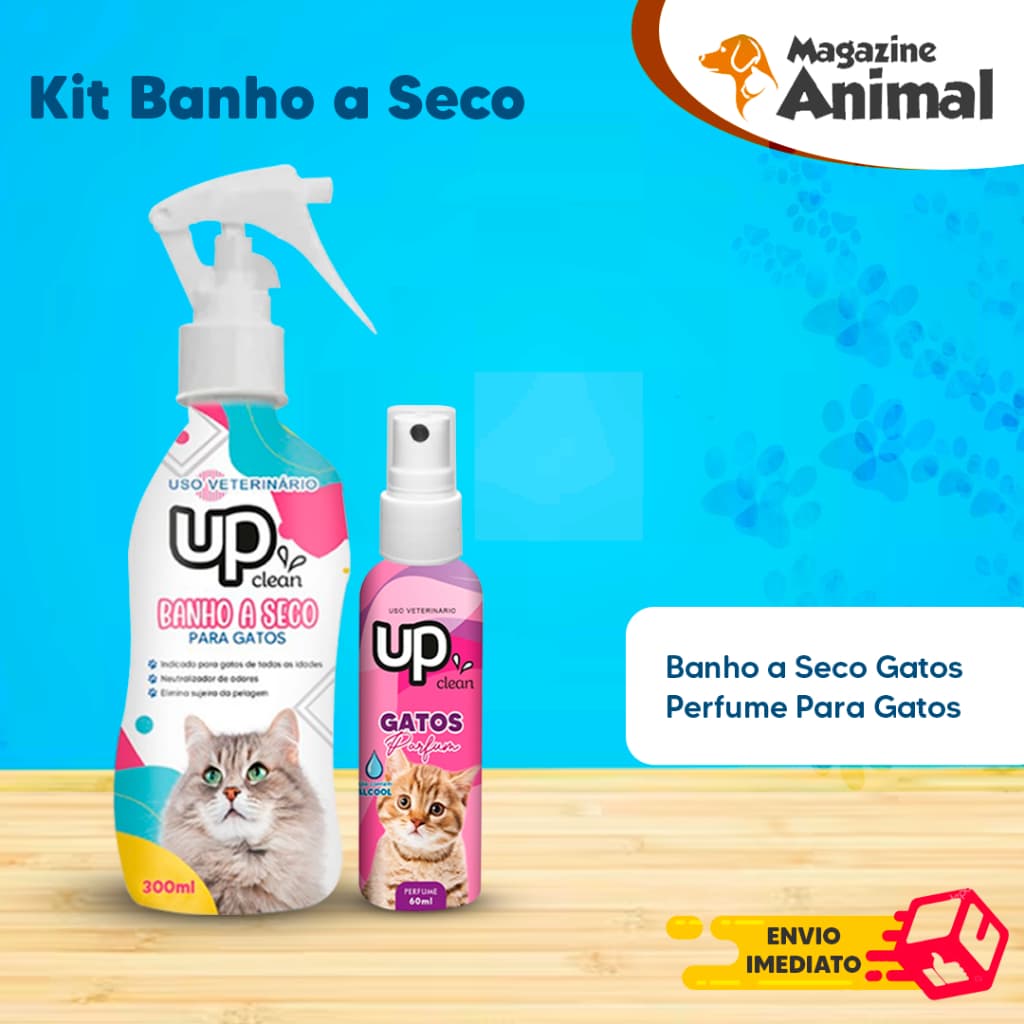 Kit Gato Banho a Seco para Gatos 300ml + Perfume para Gato 60ml Sem Álcool Shampoo a Seco Gato Higiene Pet UP Clean