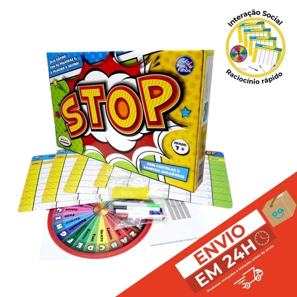 Jogo Stop Criança Familia Educativo Diversão Brinquedo Pais e Filhos Com Roleta Canetas E Cartelas