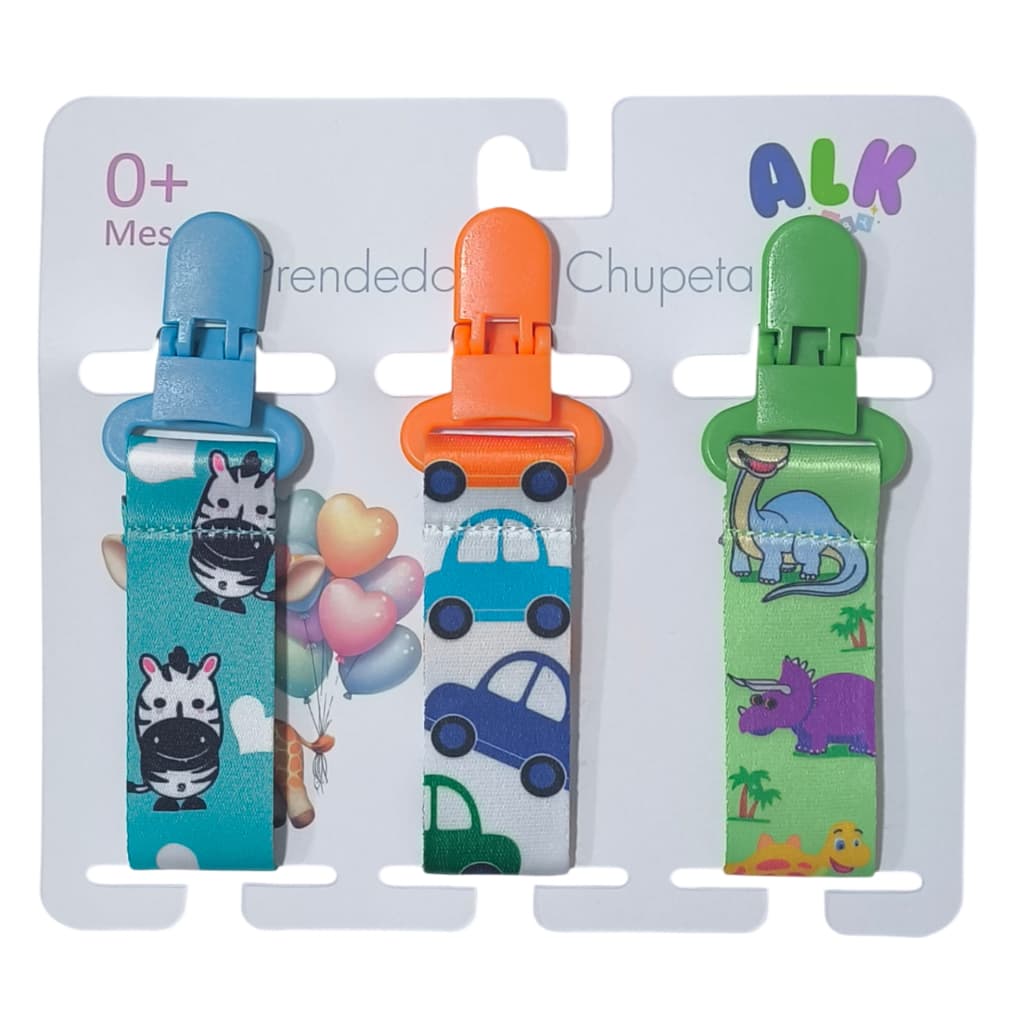 Kit 3 Prendedores Cordinha de chupeta bico bebê Premium Zebra Carro Dinossauro Verde