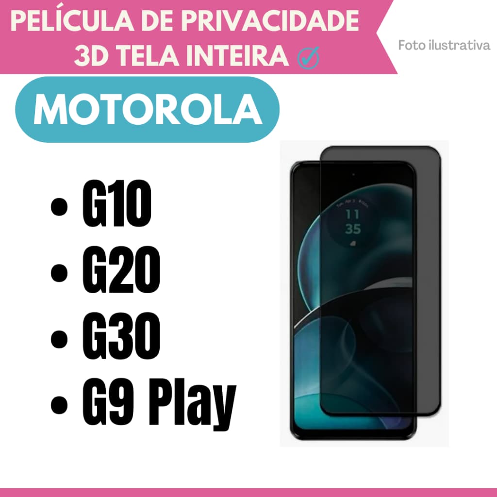 Película de Vidro 3D Privacidade Motorola Moto G10 / Moto G20 / Moto G30 / Moto G9 Play / Protetor de Tela.