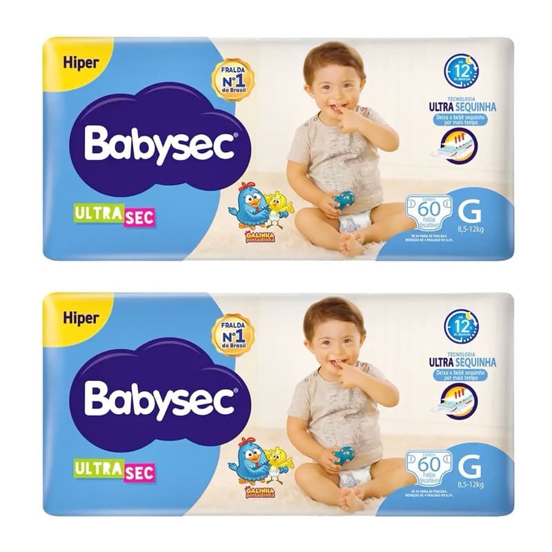 Kit 2ptes Fralda Babysec Galinha Pintadinha Ultrasec Hiper G 60un cada - Total 120un