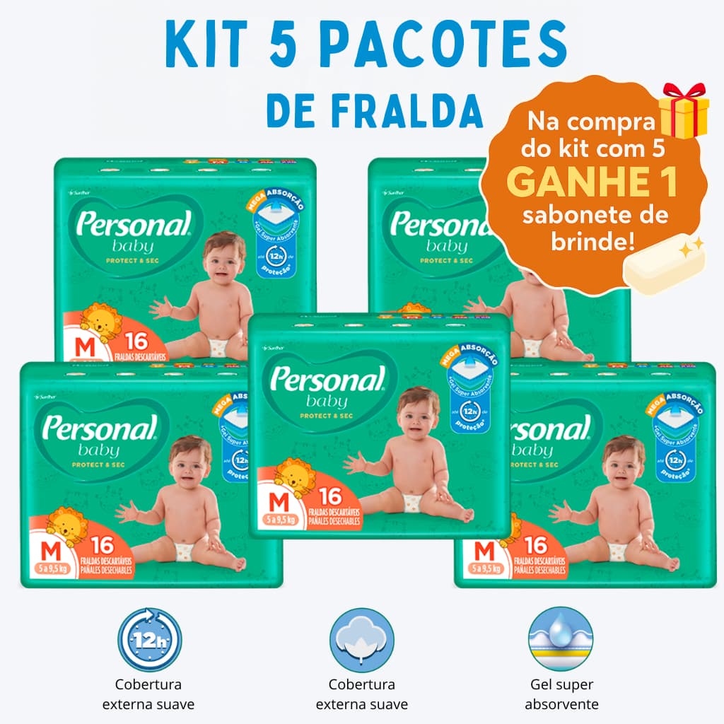 Kit Fralda Descartável Infantil Personal Baby 5 Pacotes Proteção Conforto Bebê + 1 Sabonete