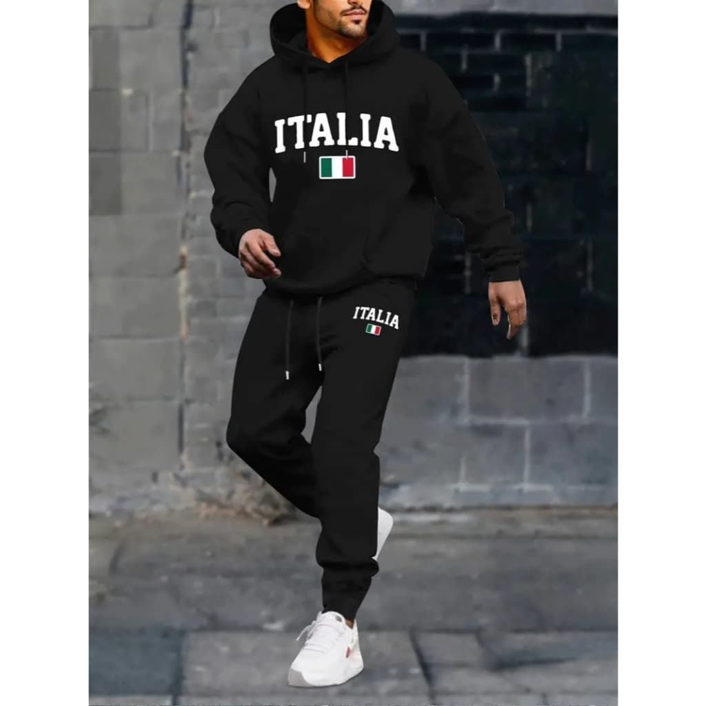 CONJUNTO MOLETOM MASCULINO COM BLUSA DE FRIO CANGURU E CALÇA MOLETOM ESTAMPA ITALIA