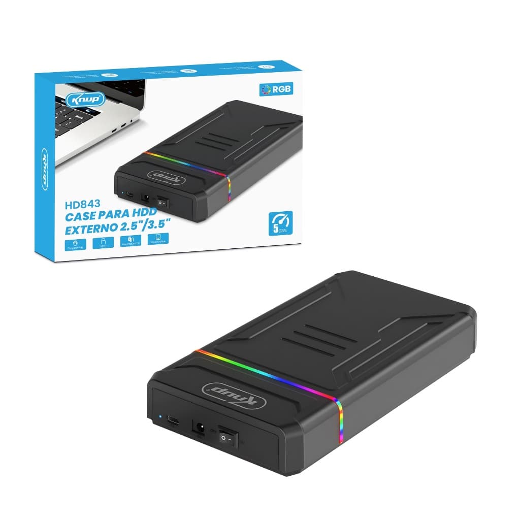 Case HD SSD Externo KNUP USB 3.0 SATA 2,5 3,5 Com Fonte Até 16TB