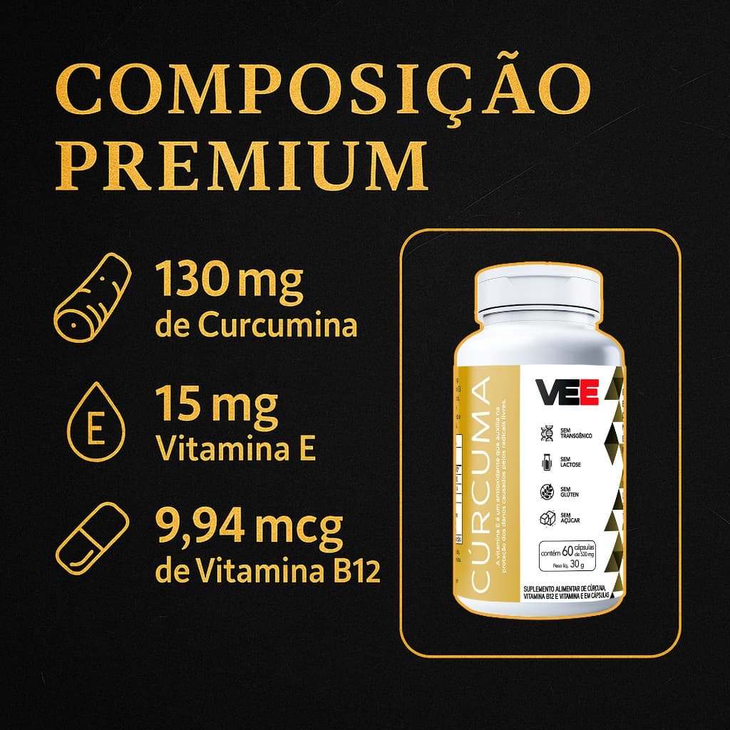 Cúrcuma 100% Premium Vitaminas B12 e Vitamina E
