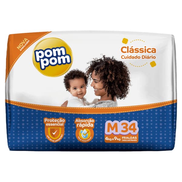 Fralda Infantil PomPom M34 (4kg a 9kg) com 34 fraldas