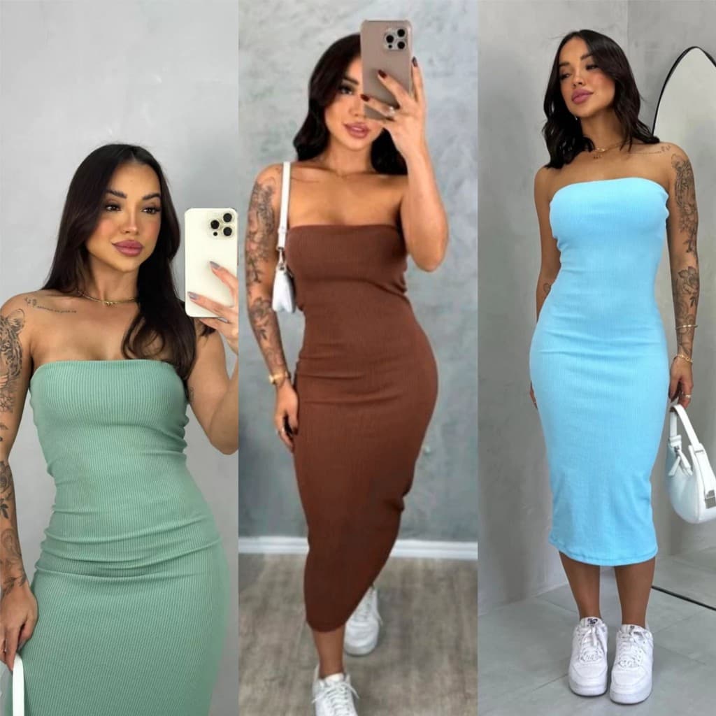 Vestido Tomara que Caia Midi Canelado - Elegância e Conforto em um Único Vestido! TECIDO ANARRUGA! PROMOÇÃO