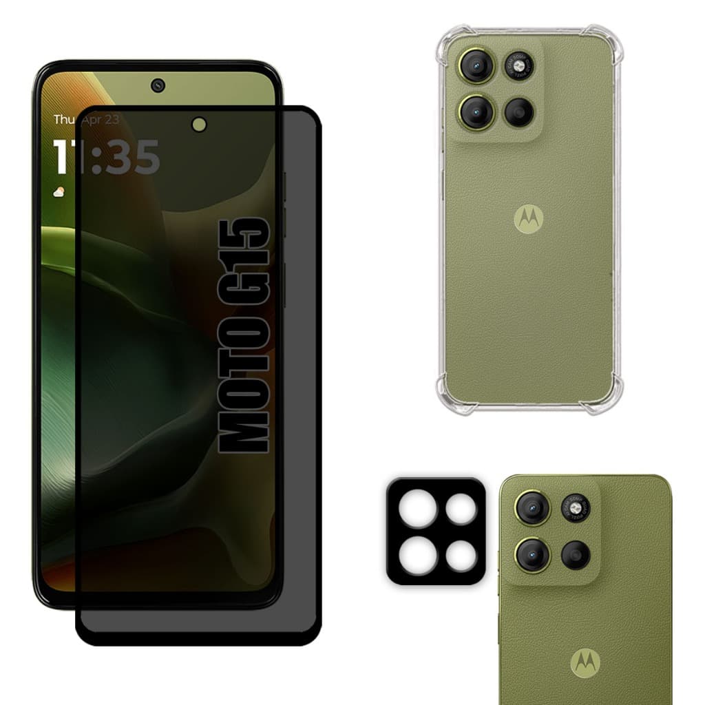 Kit Para Moto G15 | Película de Privacidade Fosca - Capa Anti Shock - Película da Câmera 3D
