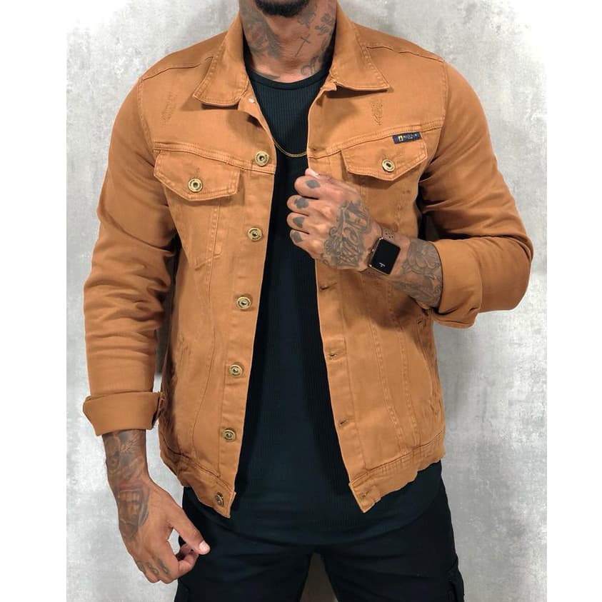 Jaqueta Sarja Caramelo Detalhes Destroyed Masculina Jaqueta Marrom Moda Inverno Masculina Premium